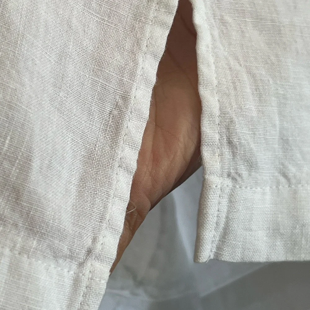 PURE JILL Top - White Linen Short Sleeve Pullover, Blue Color Block, Small‎ - Picture 7 of 8